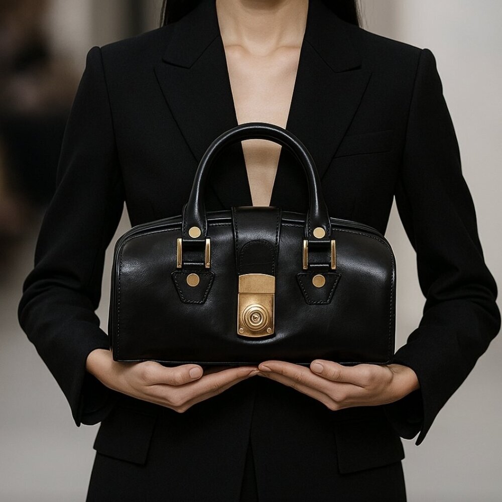 Francesco Rogani Black Leather Structured Handbag Gold Hardware Top Handle